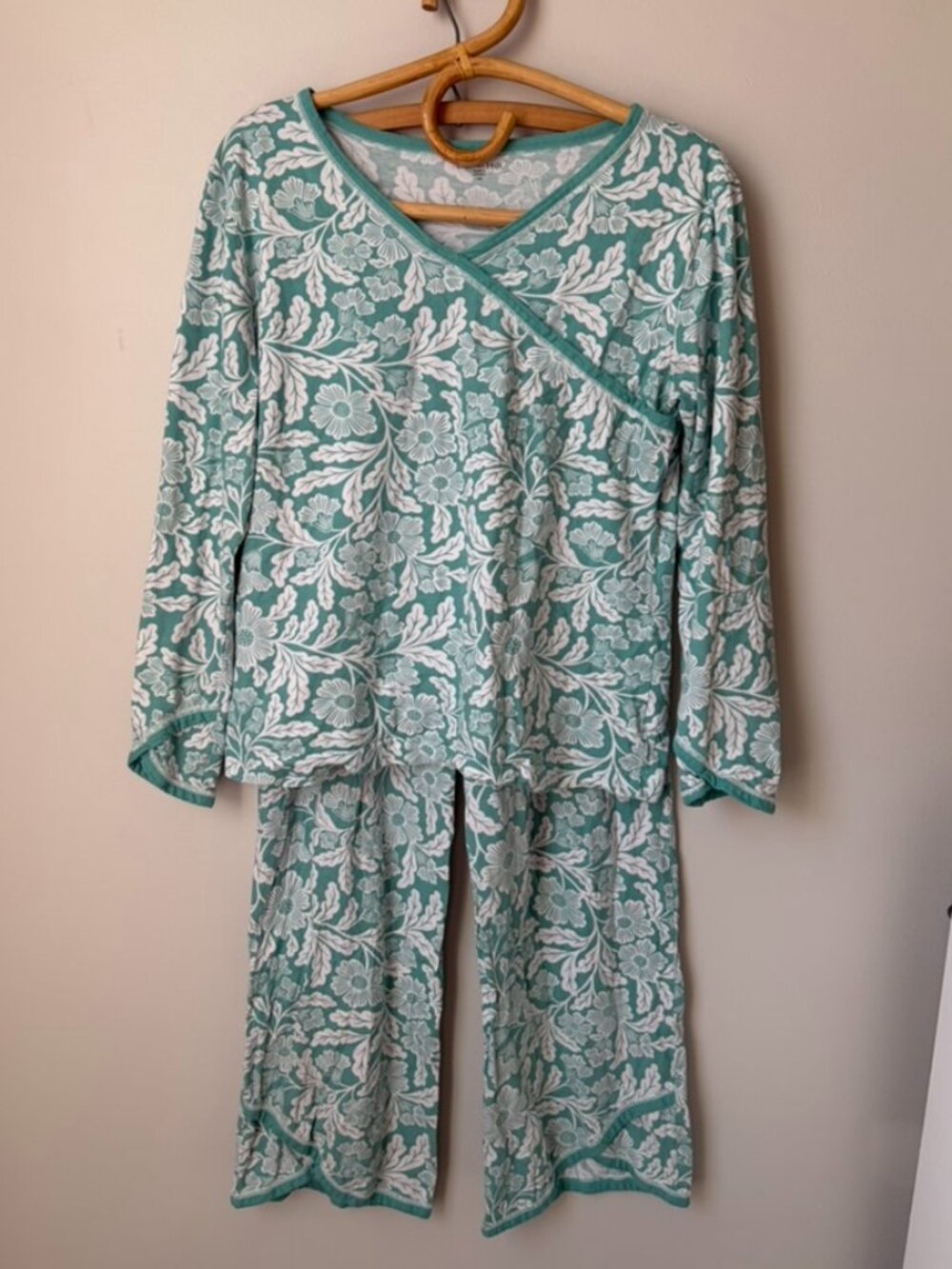 Garnet Hill Asian Wrap Floral Long Sleeve Organic Cotton Pajama Set Women's XS